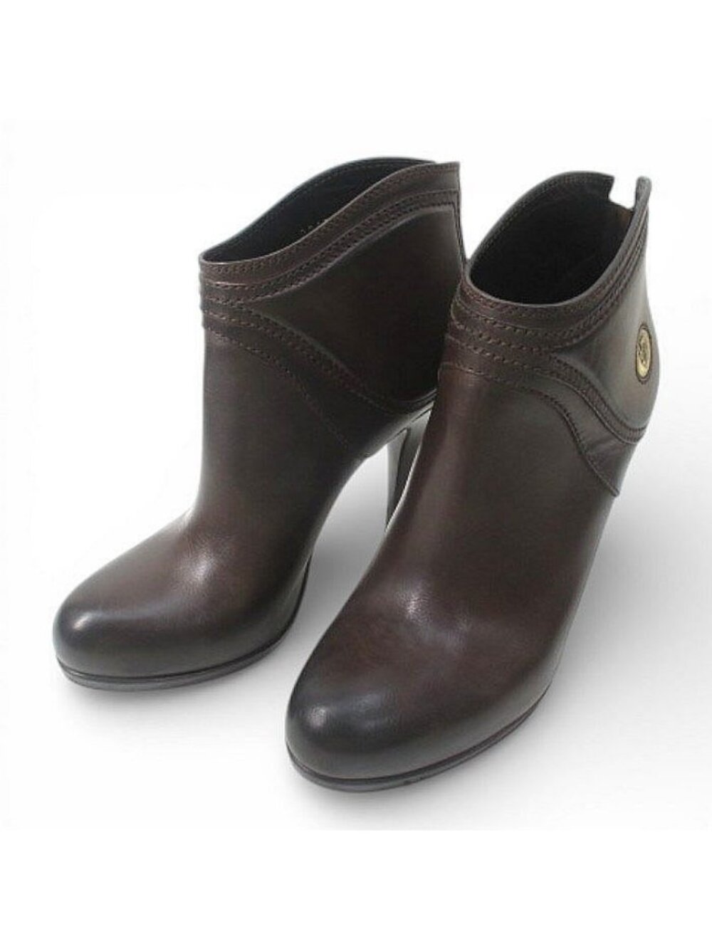 Gucci Short Boots Round Toe High Heel Gold Medal 38 C Brown Leather - Picture 2 of 9